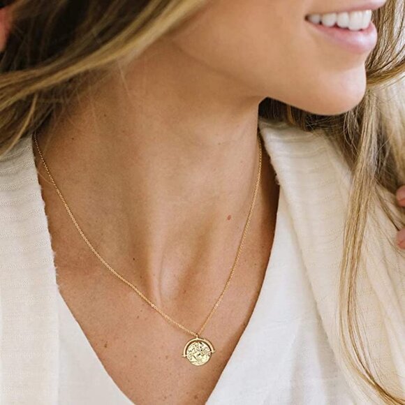 18K Gold Moon Star Lion Evil Eye Pendant Necklace Medallion Paperclip Chain - Picture 2 of 5